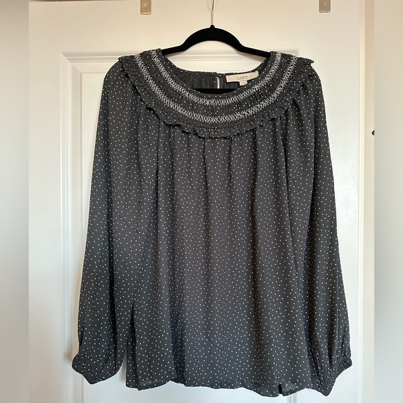 LOFT Dotted Smocked Mixed Media Blouse - NWT! - Picture 2 of 7
